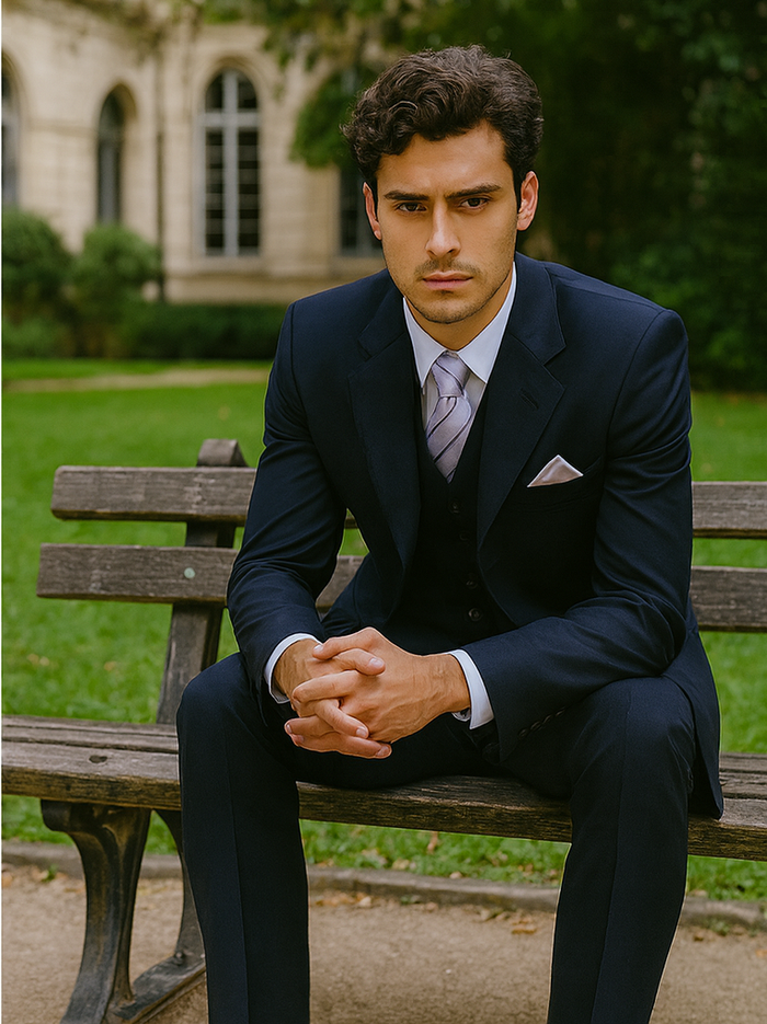 Men’s Navy 3-Button Vested Wool Feel Suit