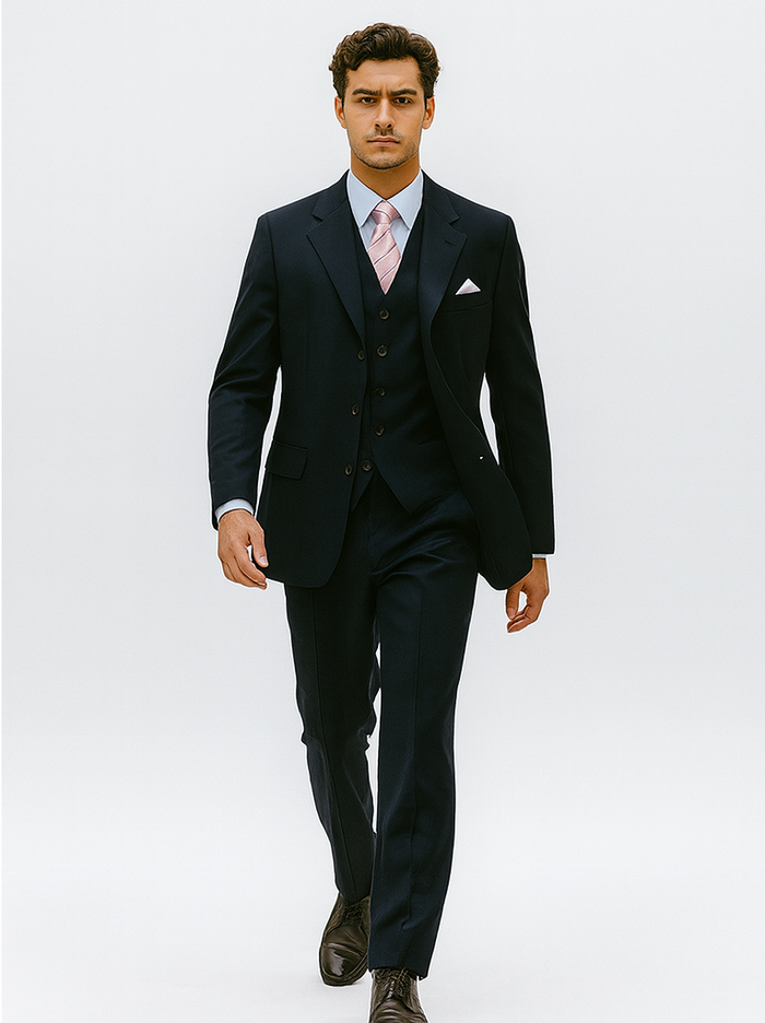 Men’s Navy 3-Button Vested Wool Feel Suit