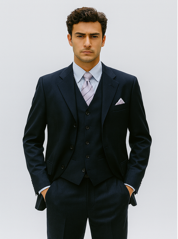 Men’s Navy 3-Button Vested Wool Feel Suit