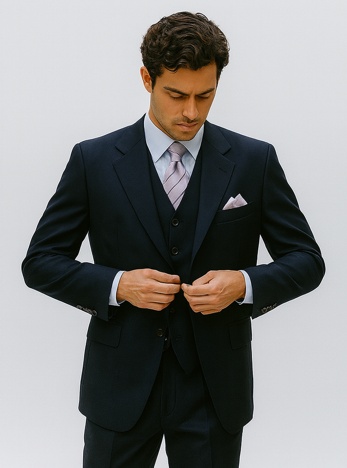 Men’s Navy 3-Button Vested Wool Feel Suit