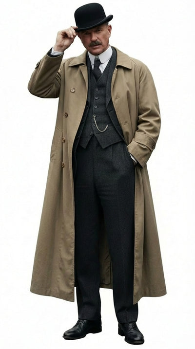 Mens Beige Cotton Trench Coat Suit Package – Classic Long Overcoat for Formal + Suit + Hat