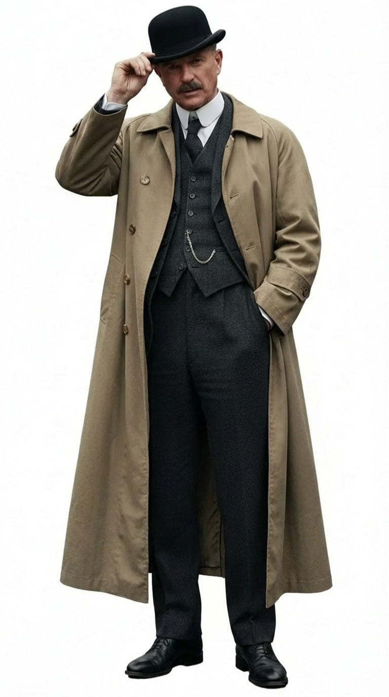 Mens Beige Cotton Trench Coat Suit Package – Classic Long Overcoat for Formal + Suit + Hat