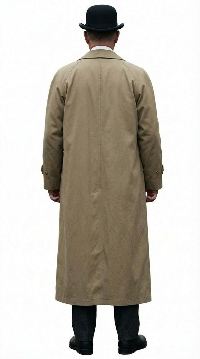 Mens Beige Cotton Trench Coat Suit Package – Classic Long Overcoat for Formal + Suit + Hat