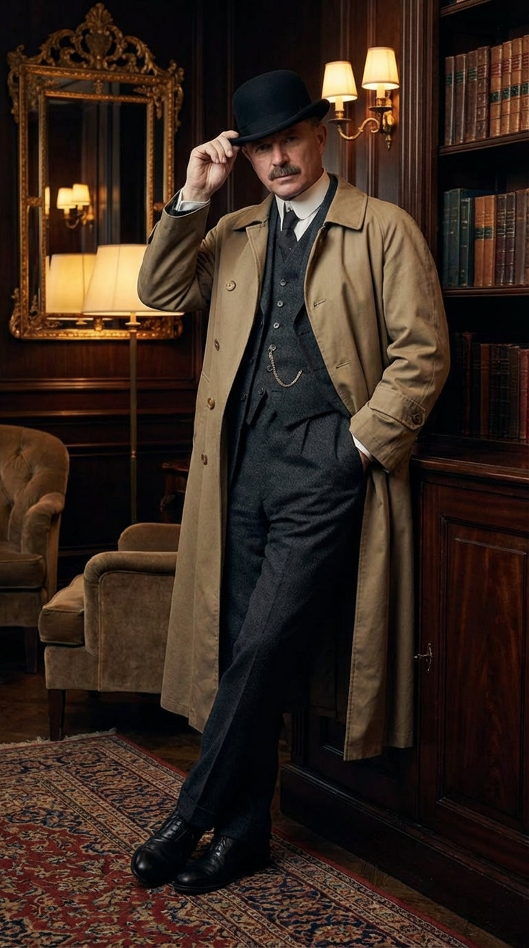Mens Beige Cotton Trench Coat Suit Package – Classic Long Overcoat for Formal + Suit + Hat