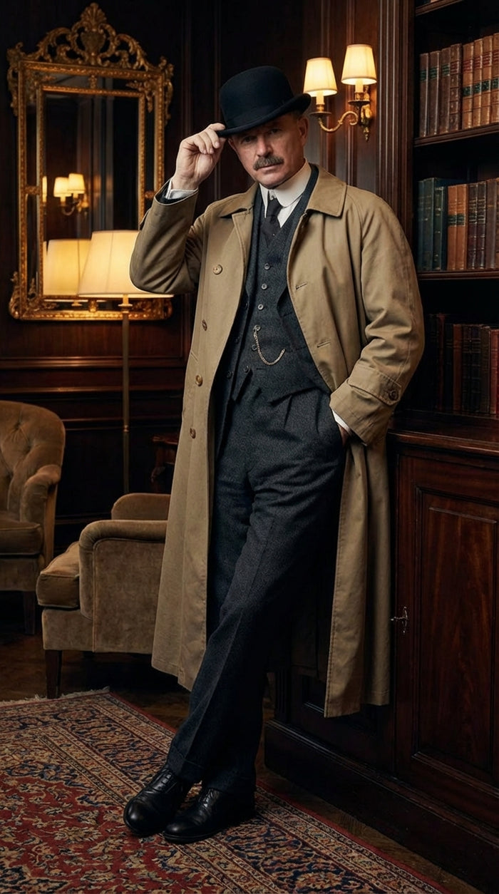 Mens Beige Cotton Trench Coat Suit Package – Classic Long Overcoat for Formal + Suit + Hat