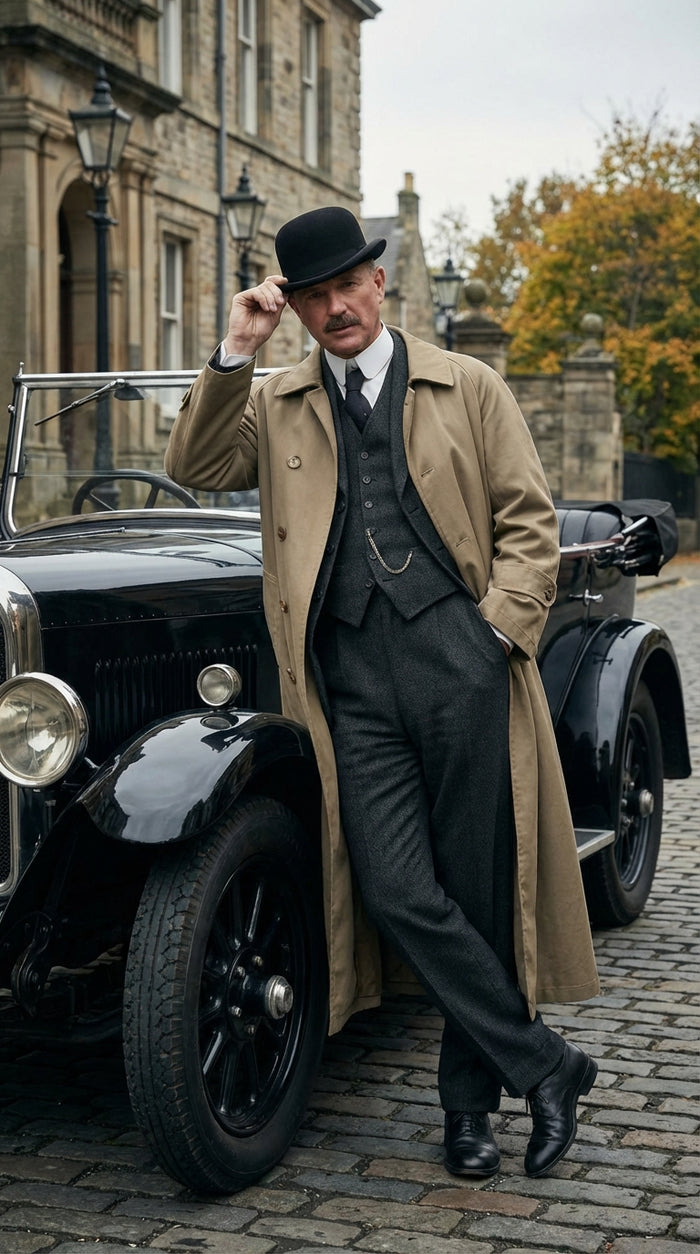 Mens Beige Cotton Trench Coat Suit Package – Classic Long Overcoat for Formal + Suit + Hat