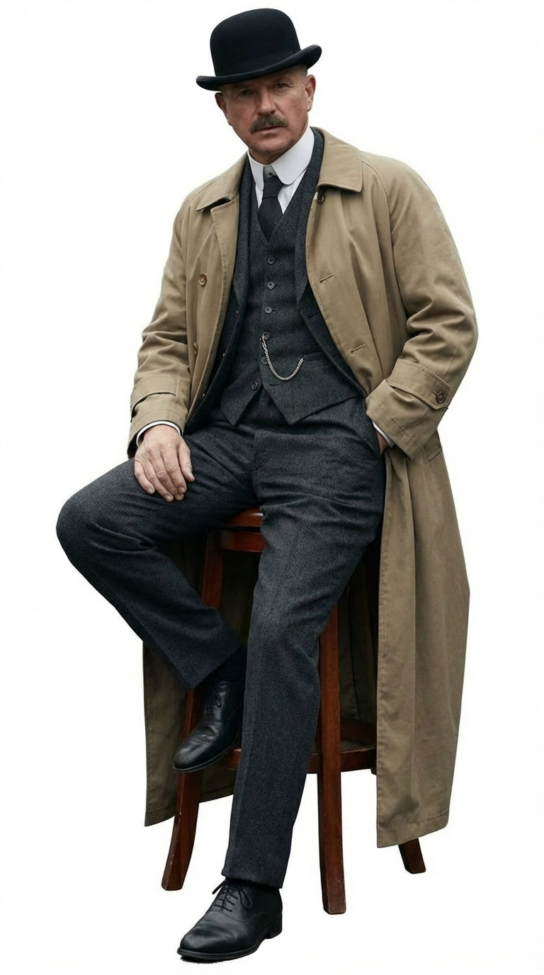 Mens Beige Cotton Trench Coat Suit Package – Classic Long Overcoat for Formal + Suit + Hat