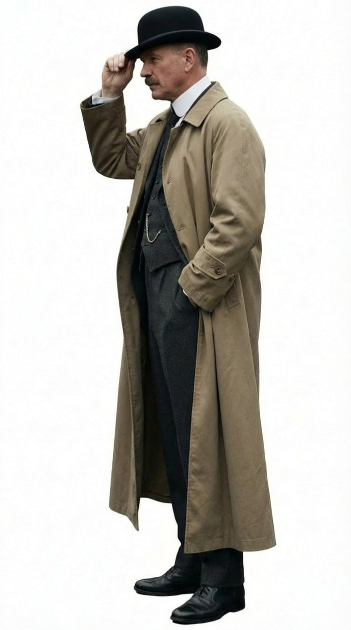 Mens Beige Cotton Trench Coat Suit Package – Classic Long Overcoat for Formal + Suit + Hat