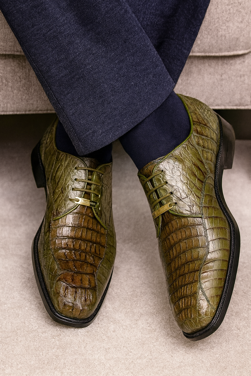 Belvedere Olive Green Caiman Hornback Dress Shoe