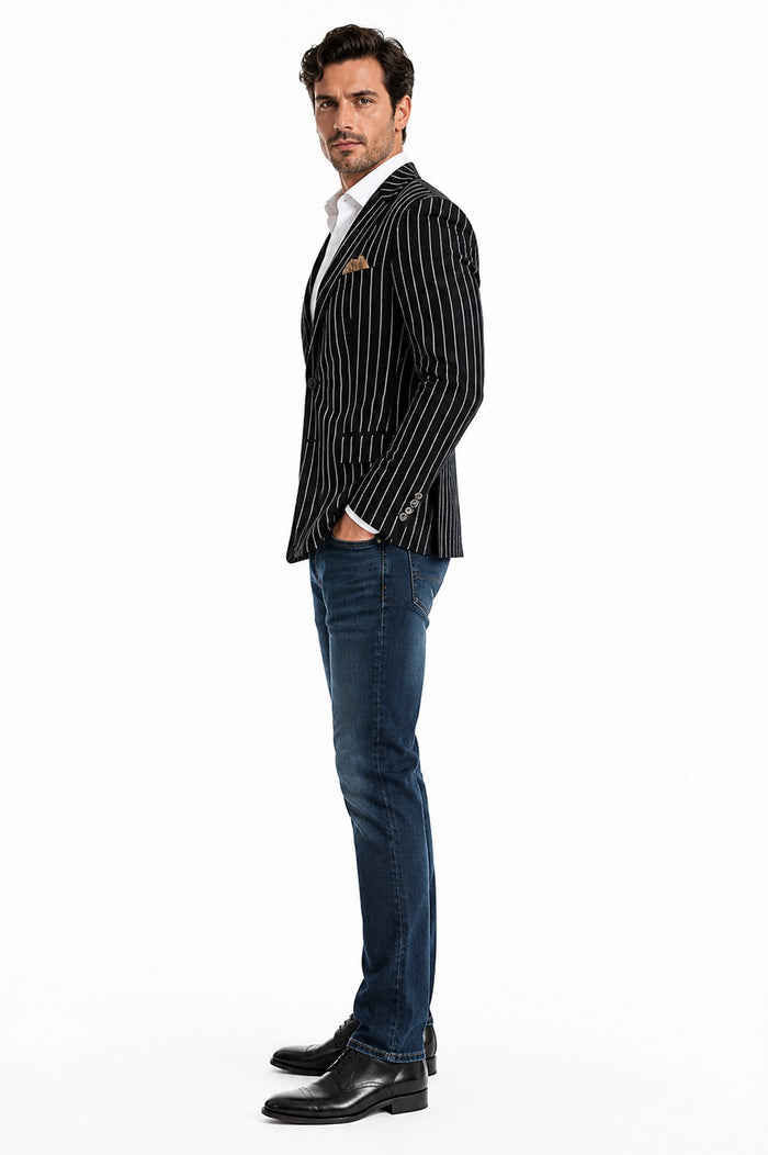 Men's Black and Bold White Stripe Two Button Casual Blazer