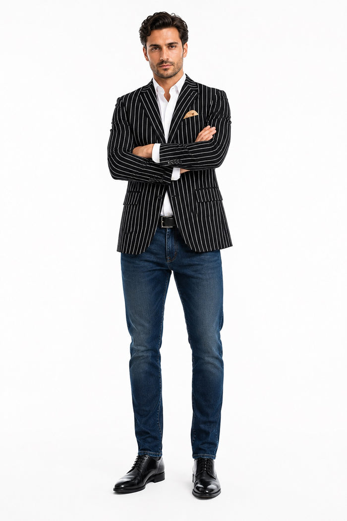 Men's Black and Bold White Stripe Two Button Casual Blazer