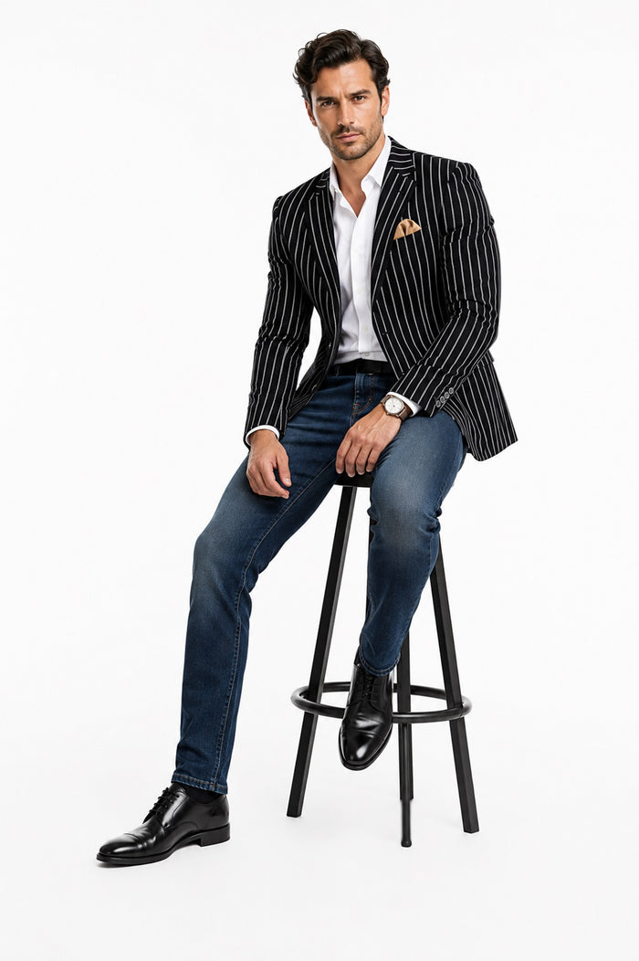 Men's Black and Bold White Stripe Two Button Casual Blazer