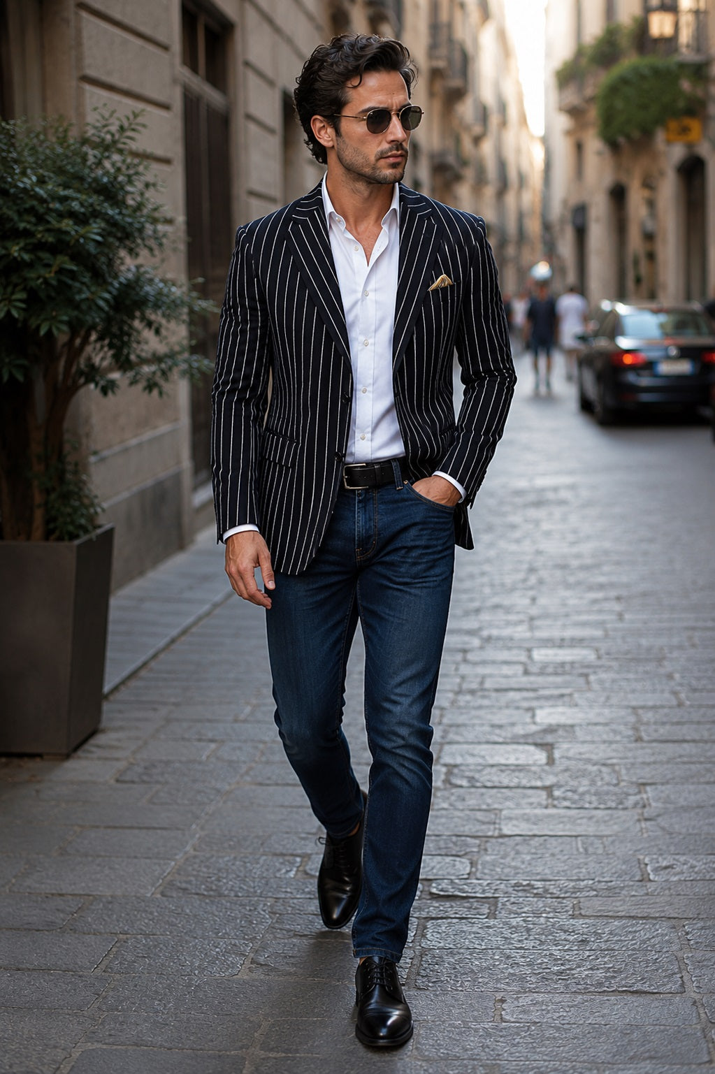 Men's Black and Bold White Stripe Two Button Casual Blazer