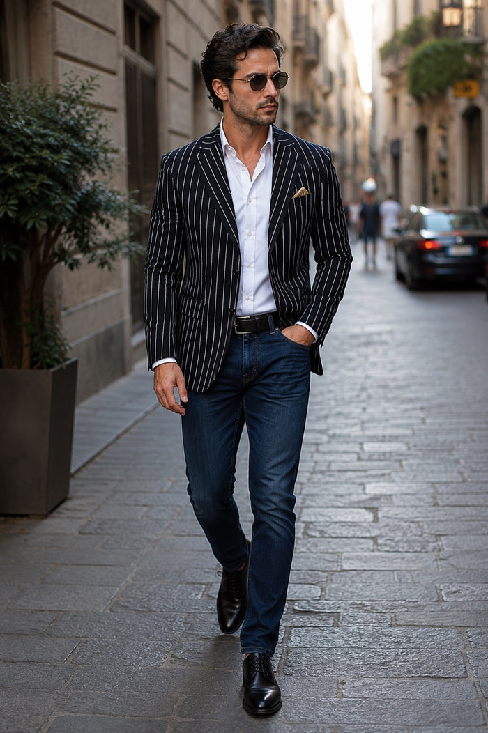 Men's Black and Bold White Stripe Two Button Casual Blazer