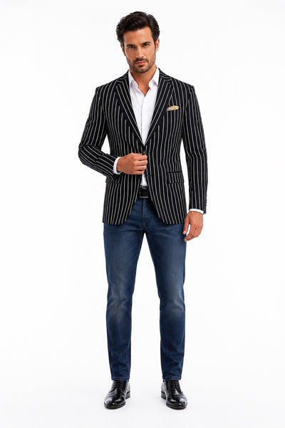 Men's Black and Bold White Stripe Two Button Casual Blazer