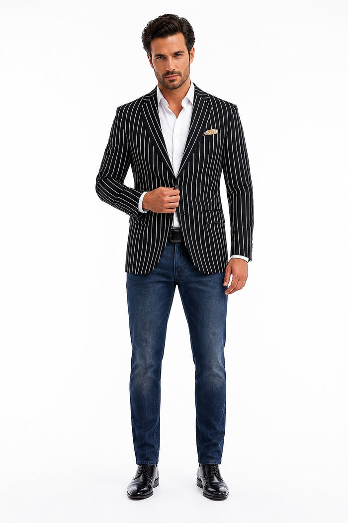 Men's Black and Bold White Stripe Two Button Casual Blazer