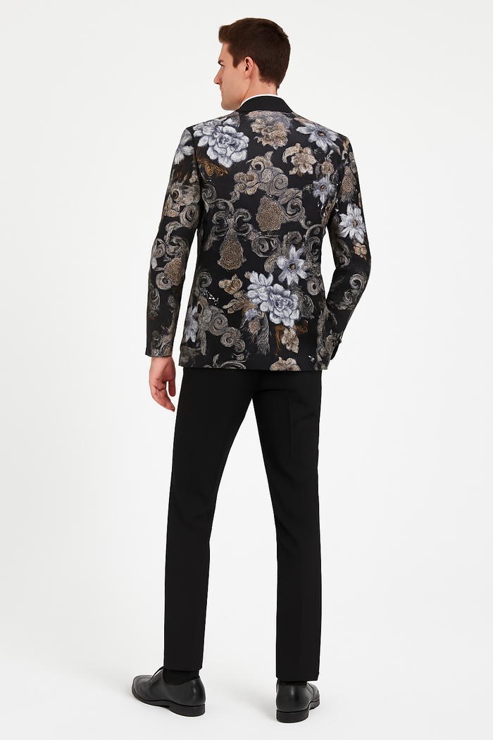 Floral Jacquard Tuxedo Suit with Satin Shawl Lapel