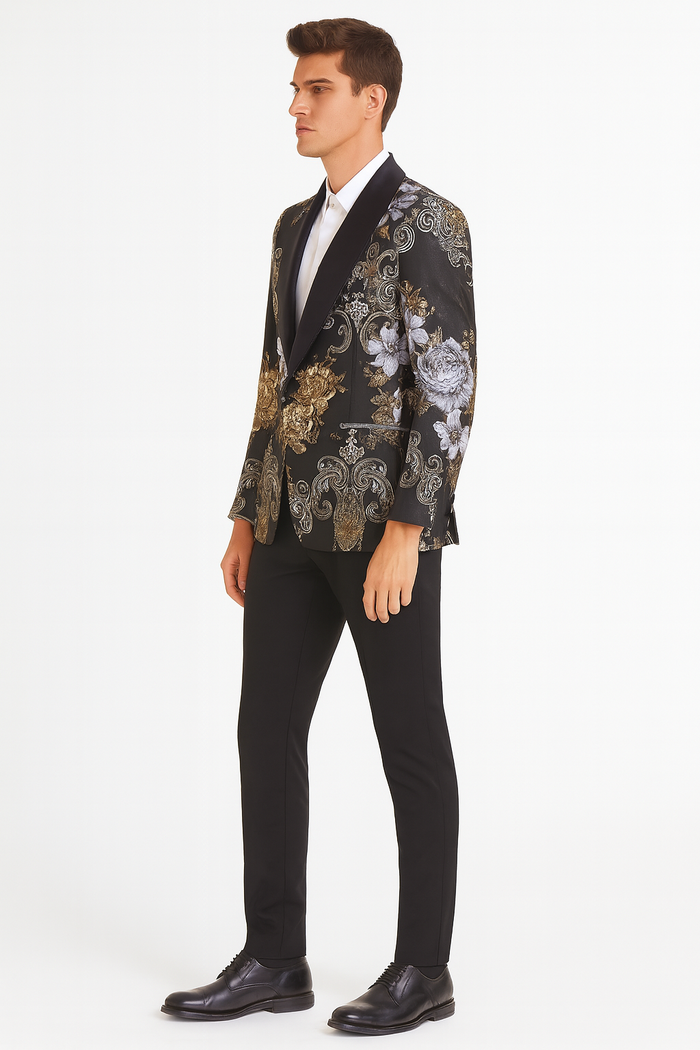Floral Jacquard Tuxedo Suit with Satin Shawl Lapel