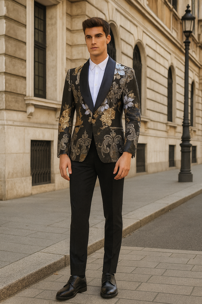 Floral Jacquard Tuxedo Suit with Satin Shawl Lapel