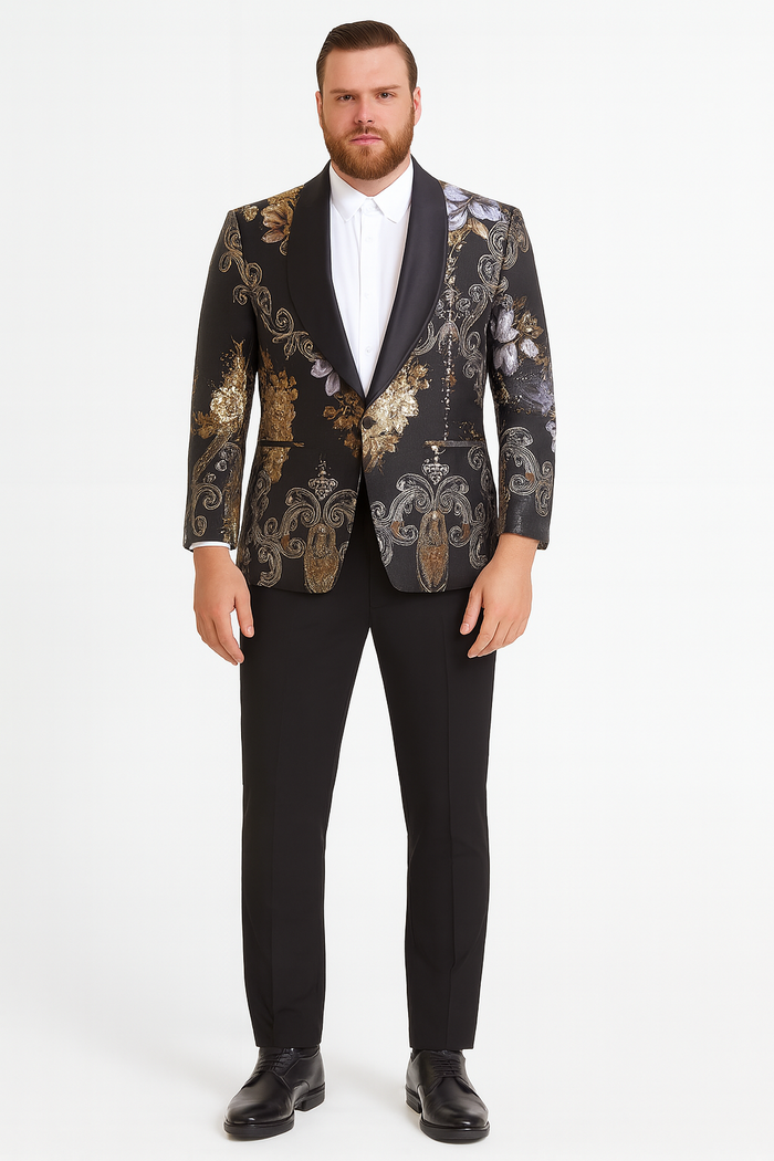 Floral Jacquard Tuxedo Suit with Satin Shawl Lapel