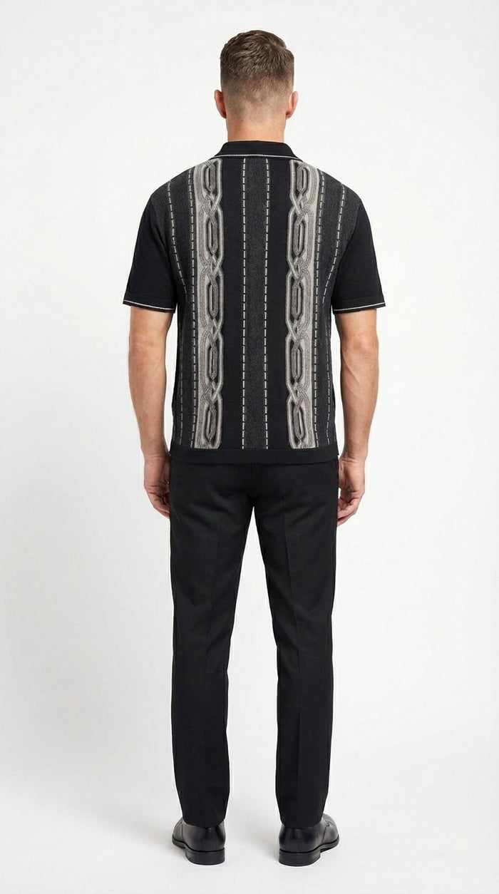 Mens Black and Gray Pattern Walking Suit Set – Short Sleeve Knit Shirt and Pants Casual Outfit for Summer, Travel and Everyday Wear