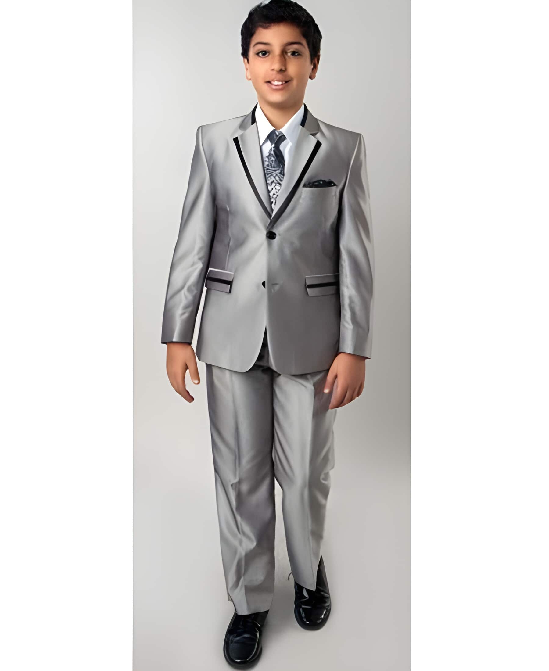 Mens Black and Silver Boys Suits Two Toned Trimmed Sharkskin Prom ~ Wedding Groomsmen Tuxedo Toddler Suits for Weddings