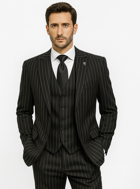 Men's Black and White Gangster Bold PinStripe Mars Vested 3 Piece Fashion Suit
