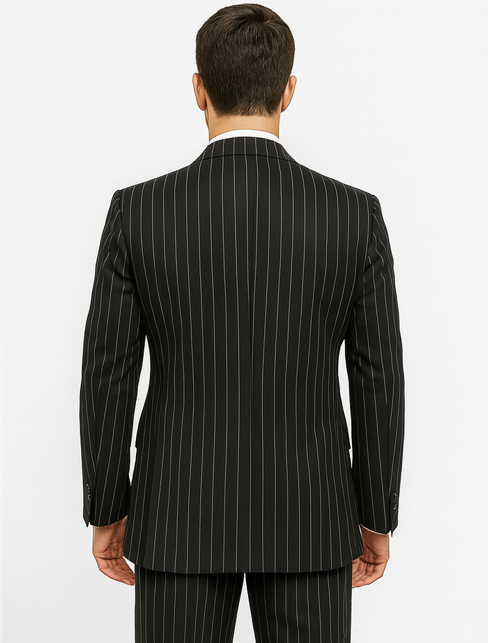 Men's Black and White Gangster Bold PinStripe Mars Vested 3 Piece Fashion Suit