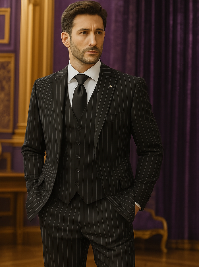 Men's Black and White Gangster Bold PinStripe Mars Vested 3 Piece Fashion Suit