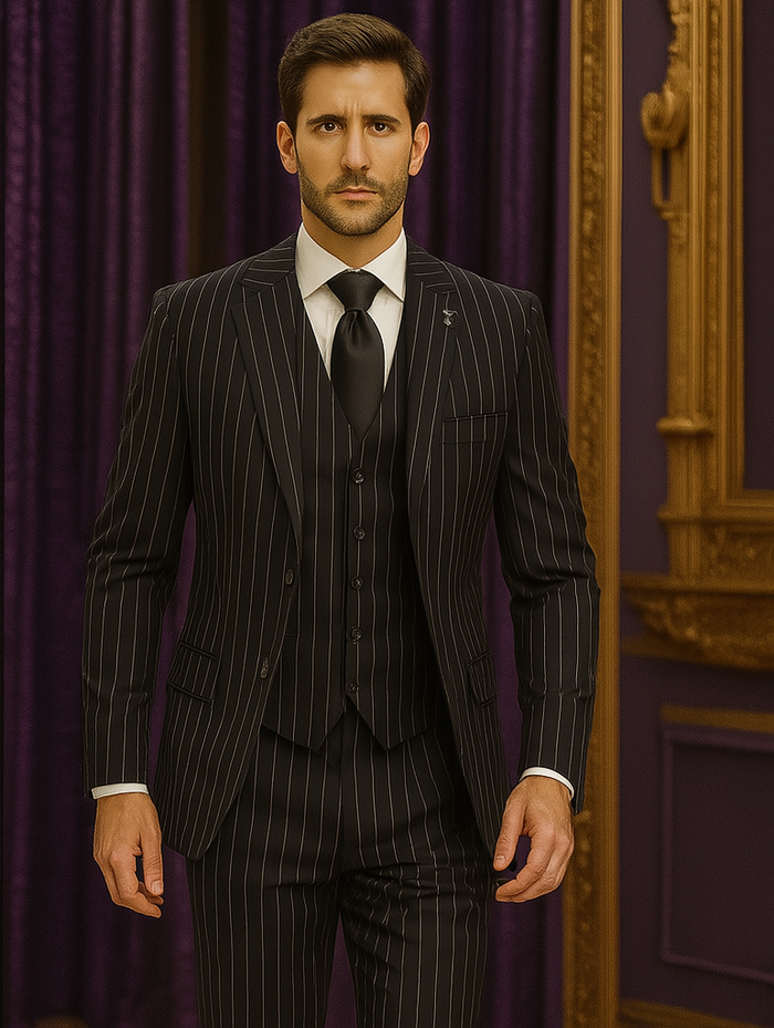 Men's Black and White Gangster Bold PinStripe Mars Vested 3 Piece Fashion Suit