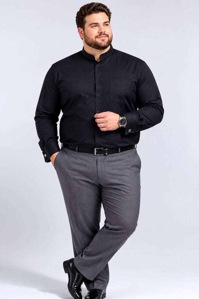 Solid Banded French Cuff Dress Mandarin Collarless Preacher Round Style Black Men's Dress Shirt
