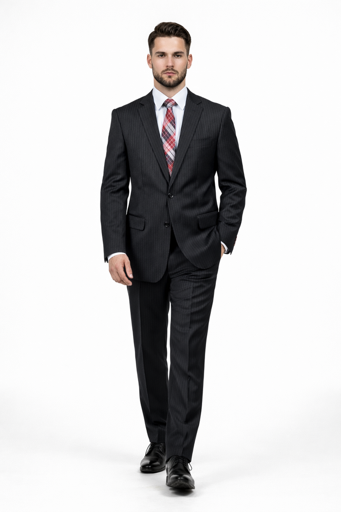 Men's Black Pinstripe 2-button Stripe ~ Flat Front Pants Regular Fit Cheap Priced Business Suits Clearance Sale