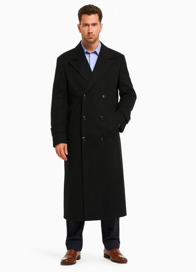 Men's Black Diamond Solid Black Wool Double Breasted Gabardine Trench Coat
