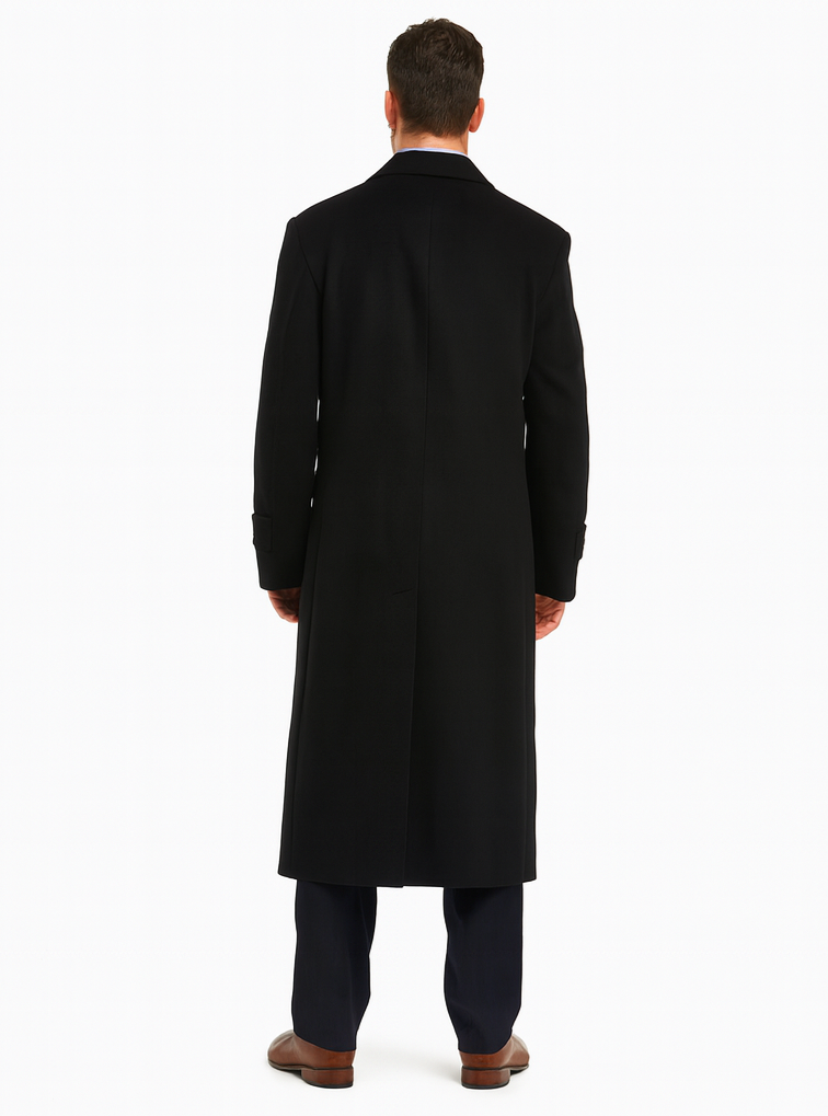 Men's Black Diamond Solid Black Wool Double Breasted Gabardine Trench Coat