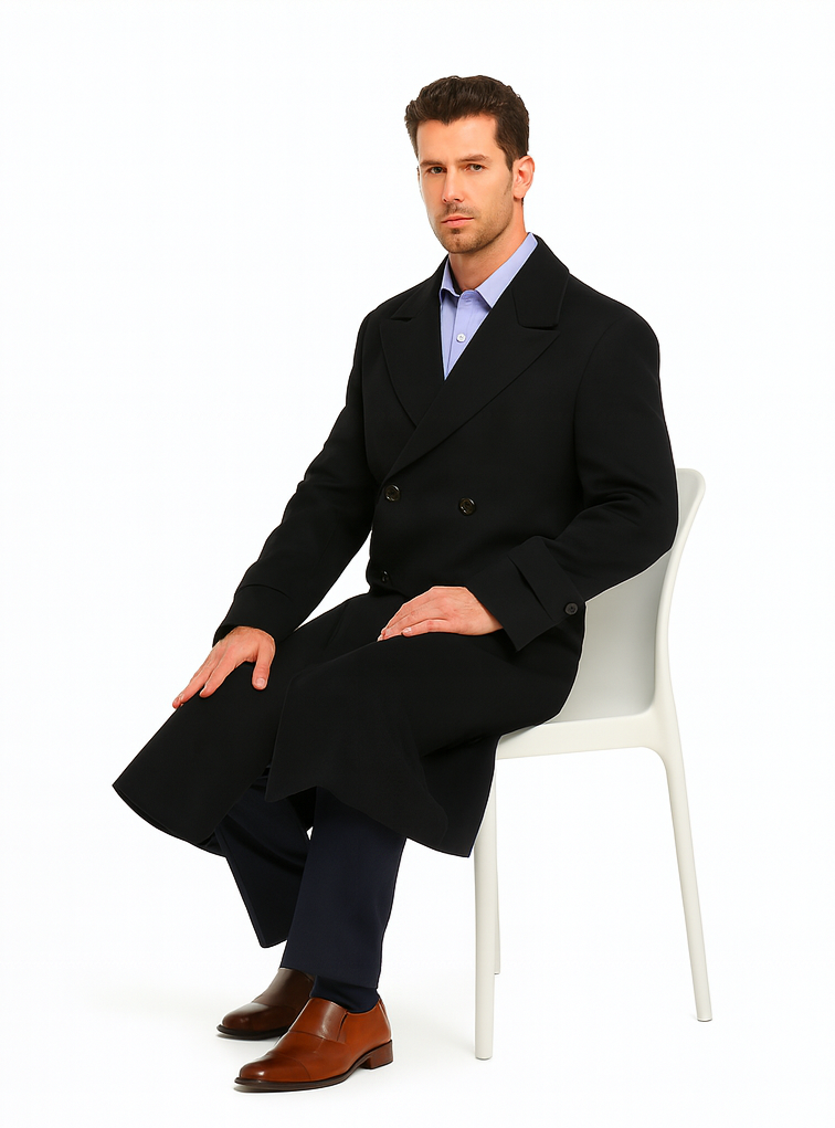 Men's Black Diamond Solid Black Wool Double Breasted Gabardine Trench Coat