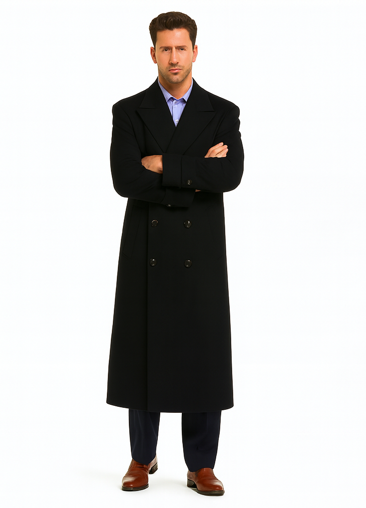 Men's Black Diamond Solid Black Wool Double Breasted Gabardine Trench Coat
