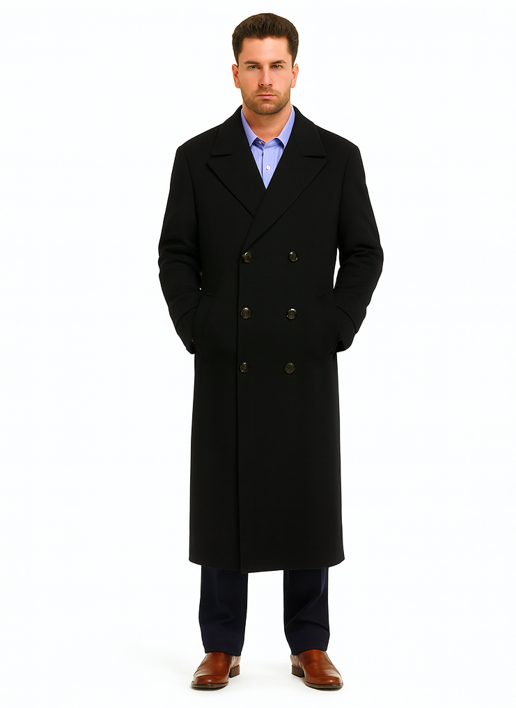 Men's Black Diamond Solid Black Wool Double Breasted Gabardine Trench Coat