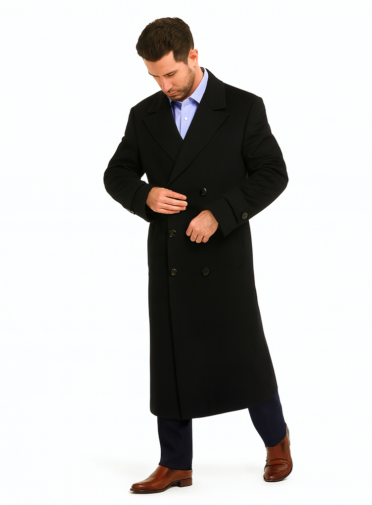 Men's Black Diamond Solid Black Wool Double Breasted Gabardine Trench Coat