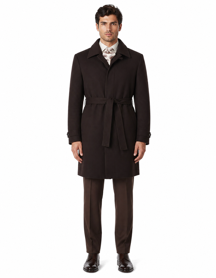 Men's Brown Wool Gabardine Belted Duster Coat