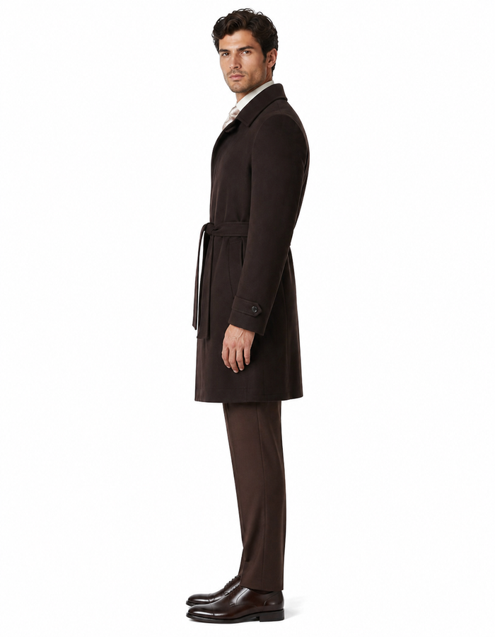 Men's Brown Wool Gabardine Belted Duster Coat