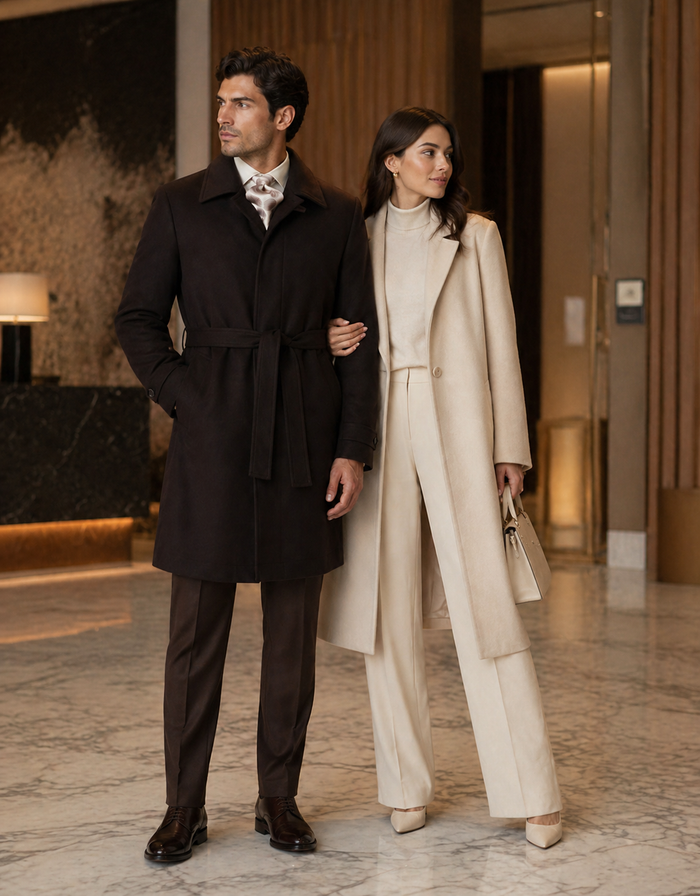 Men's Brown Wool Gabardine Belted Duster Coat