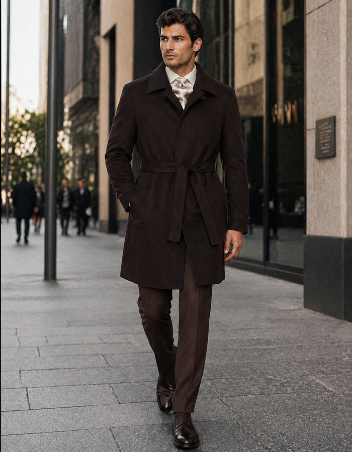 Men's Brown Wool Gabardine Belted Duster Coat