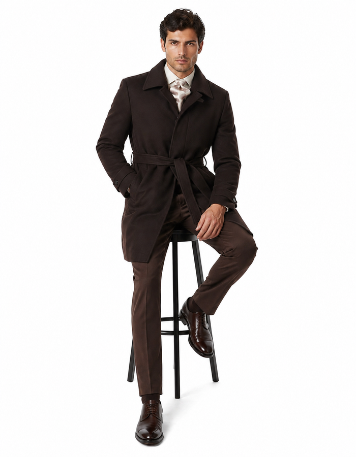 Men's Brown Wool Gabardine Belted Duster Coat