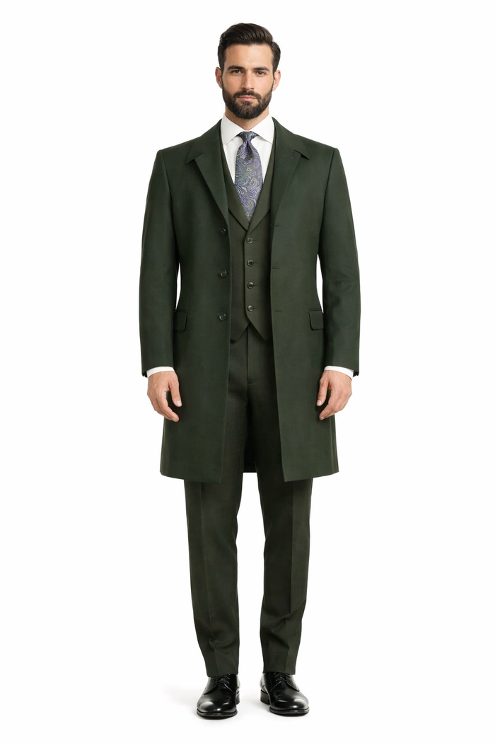 Wool Gabardine Belted Men's Green Duster Coat