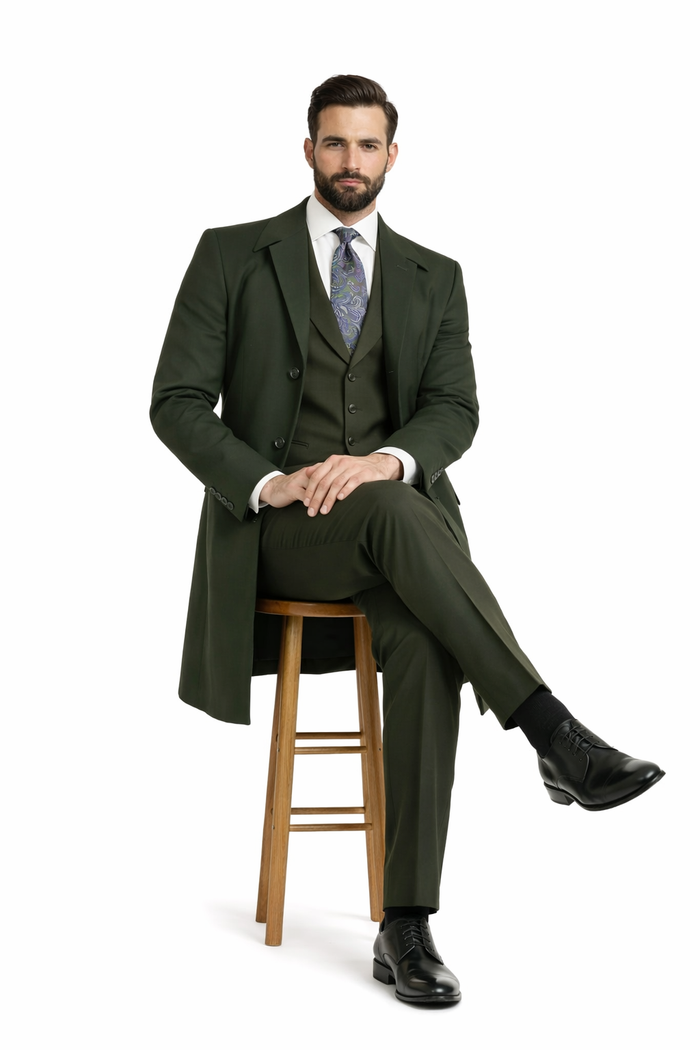 Wool Gabardine Belted Men's Green Duster Coat