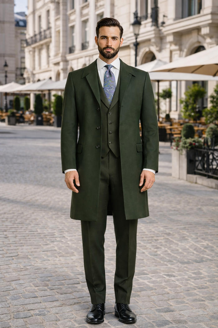 Wool Gabardine Belted Men's Green Duster Coat