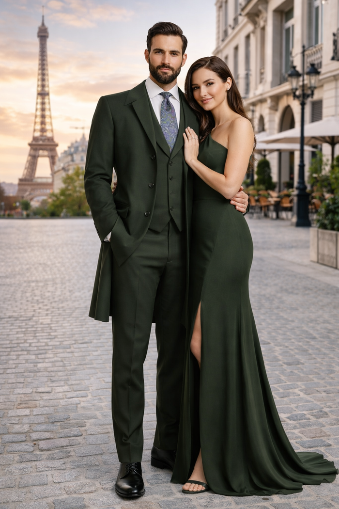 Wool Gabardine Belted Men's Green Duster Coat