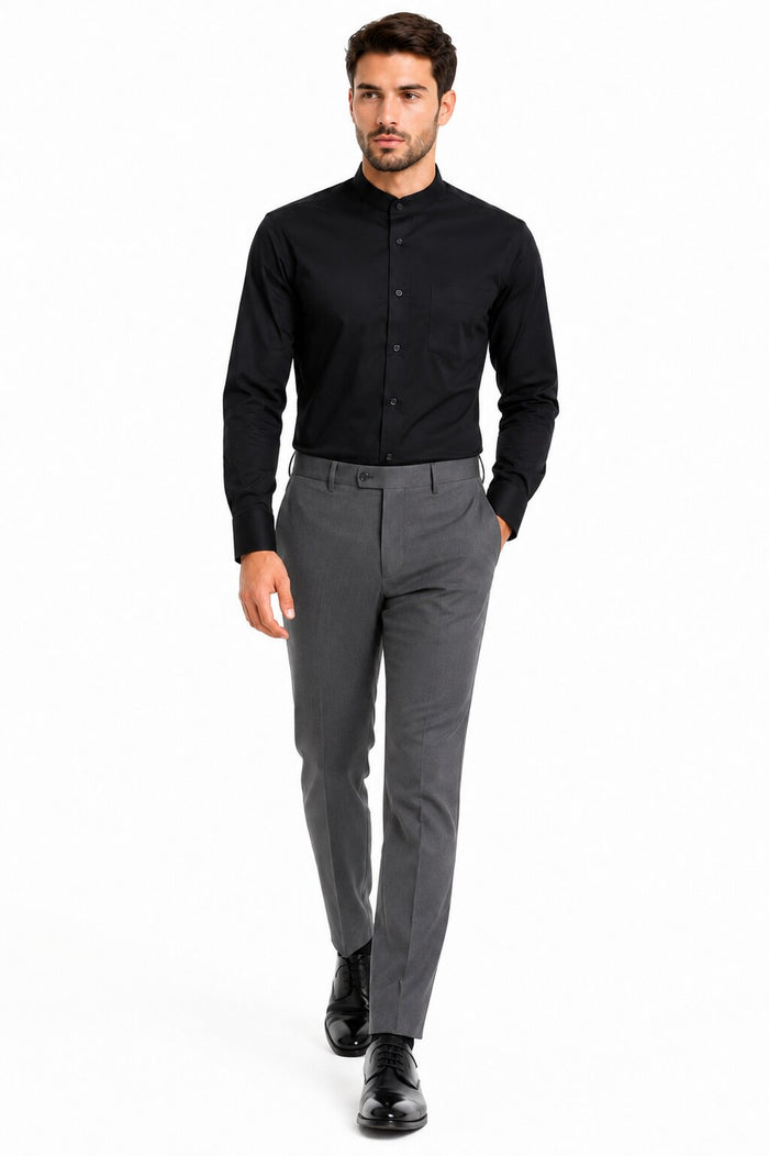 Solid Banded French Cuff Dress Mandarin Collarless Preacher Round Style Black Men's Dress Shirt