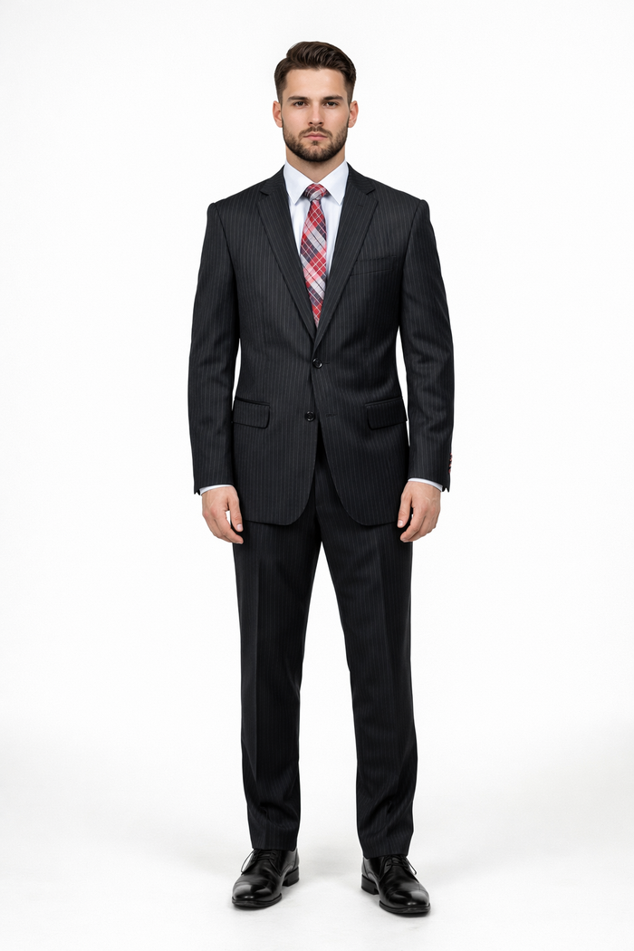 Men's Black Pinstripe 2-button Stripe ~ Flat Front Pants Regular Fit Cheap Priced Business Suits Clearance Sale