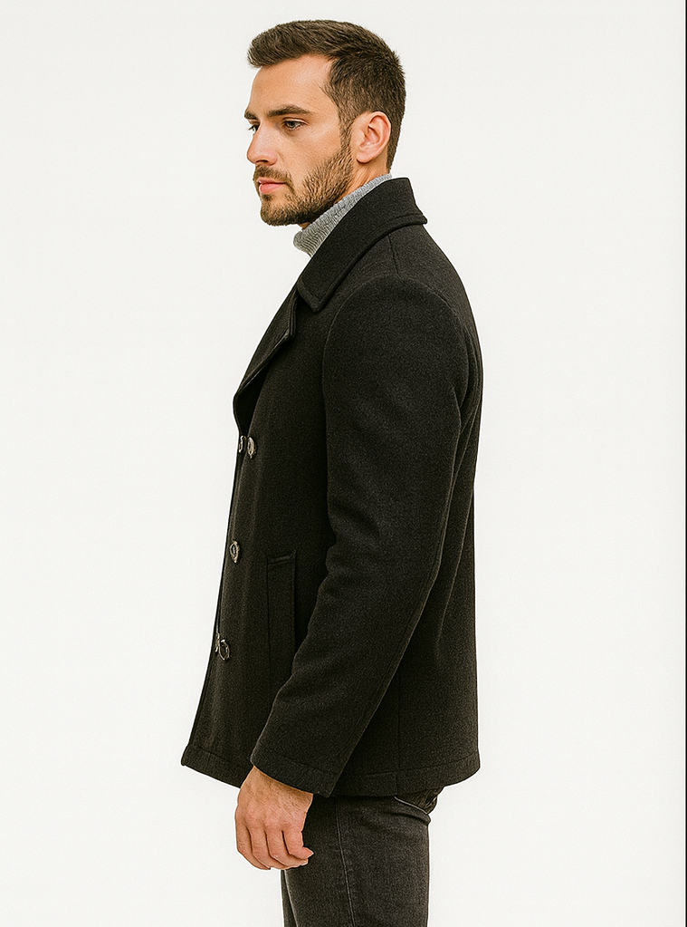 Men's Black Regular Fit Double Breasted Big And Tall Wool Men's Peacoat